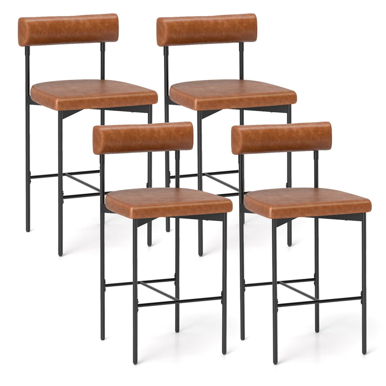 Costway 26" Upholstered Bar Stools Set of 4 with Padded Cushion & Backrest Footrest Brown/Gray